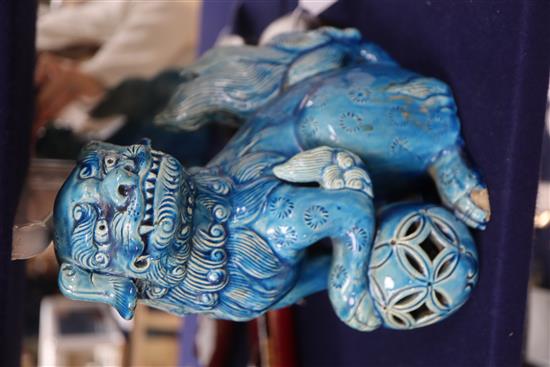 A pair of turquoise ground Buddhistic lions